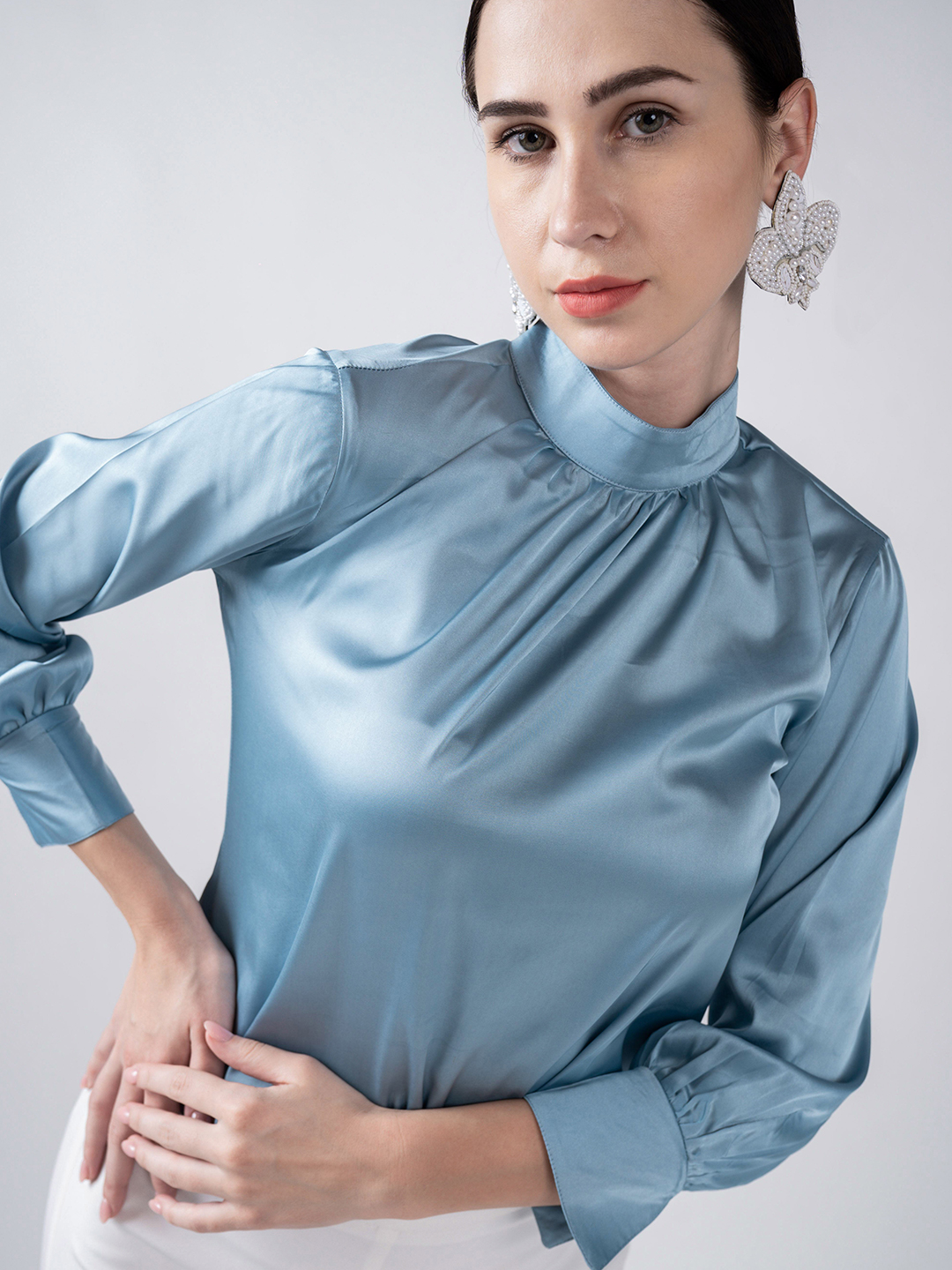 Gathered Collared Top Mint Blue -3